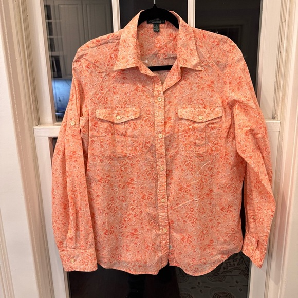 Ralph Lauren Jeans Co. Women’s pink & white Floral Button Down shirt Sz Large - Picture 9 of 9